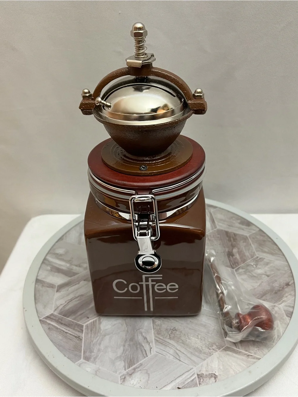 HuesNBrews Ceramic Coffee Grinder Canister Manual Hand Crank Brown New in Box